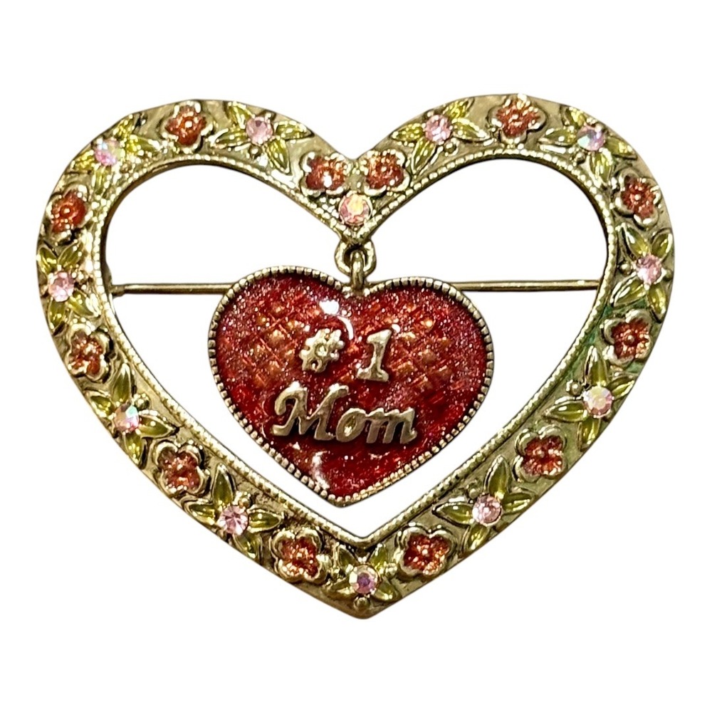 Vintage #1 Mom Heart Brooch Women OS Gold Red Floral Rhinestone Dangling Pin